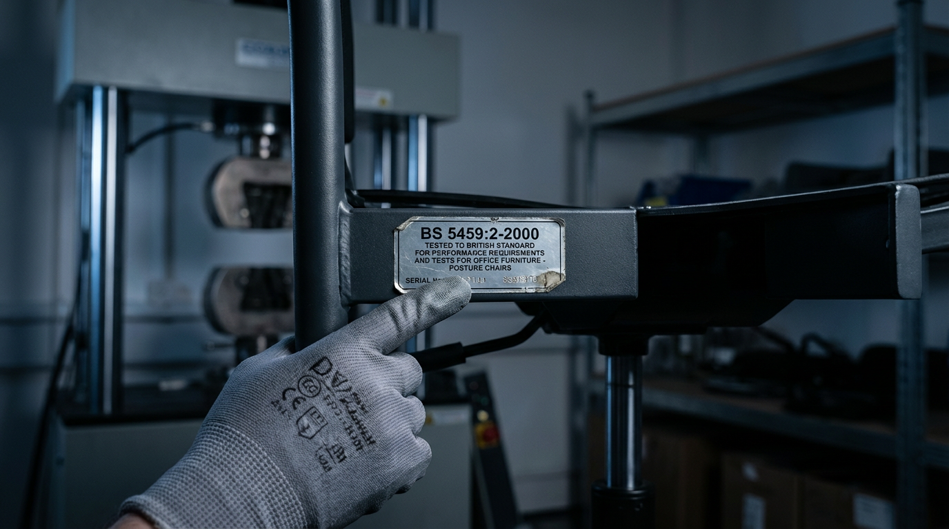 British Standards certification - BS 5459 label on office chair