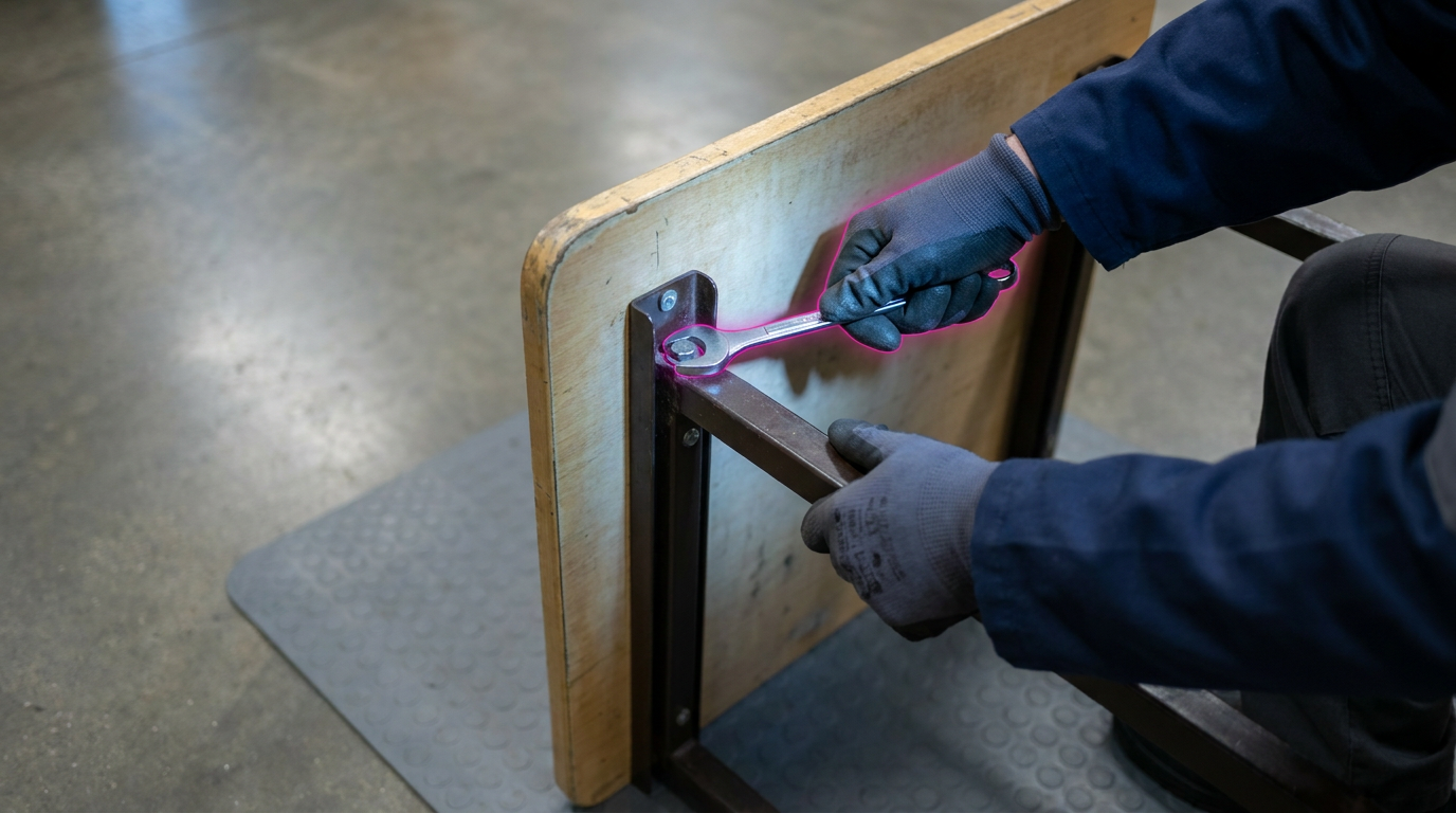 Fixing a wobbly school table leg - hands tightening bolts with spanner