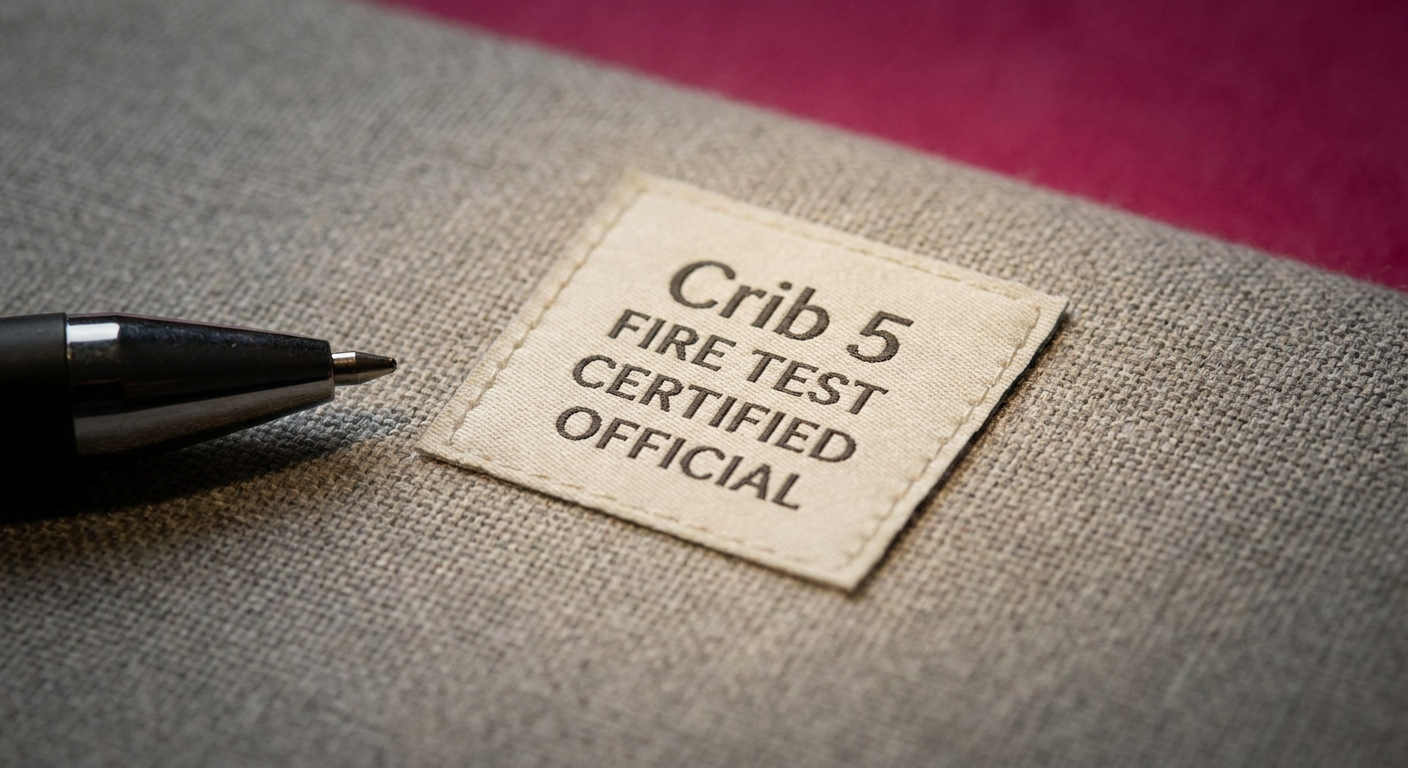 Crib 5 furniture regulations - fire test label on fabric swatch