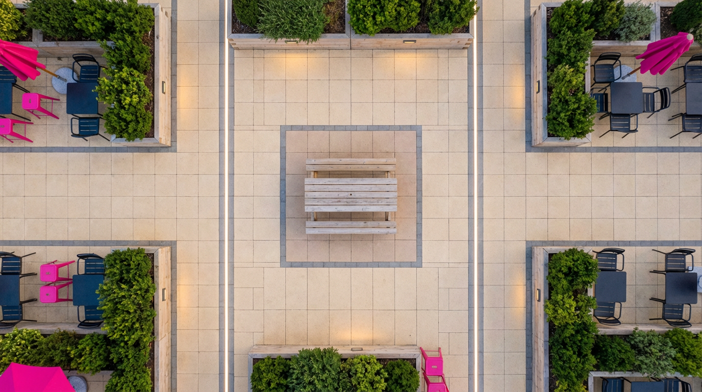 Accessibility & layout - overhead view of compliant pub garden with accessible seating