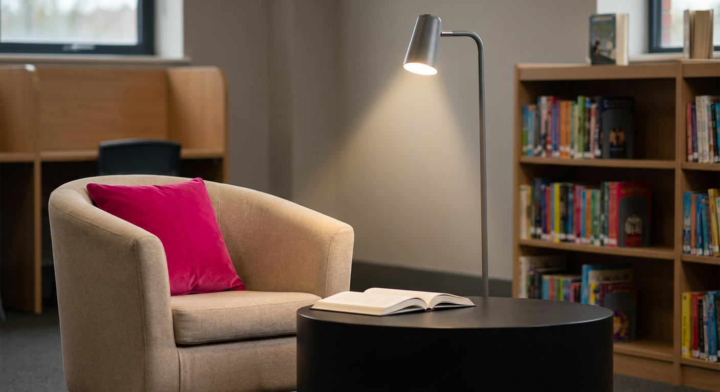 Library furniture for schools - comfortable reading nook with accent lighting