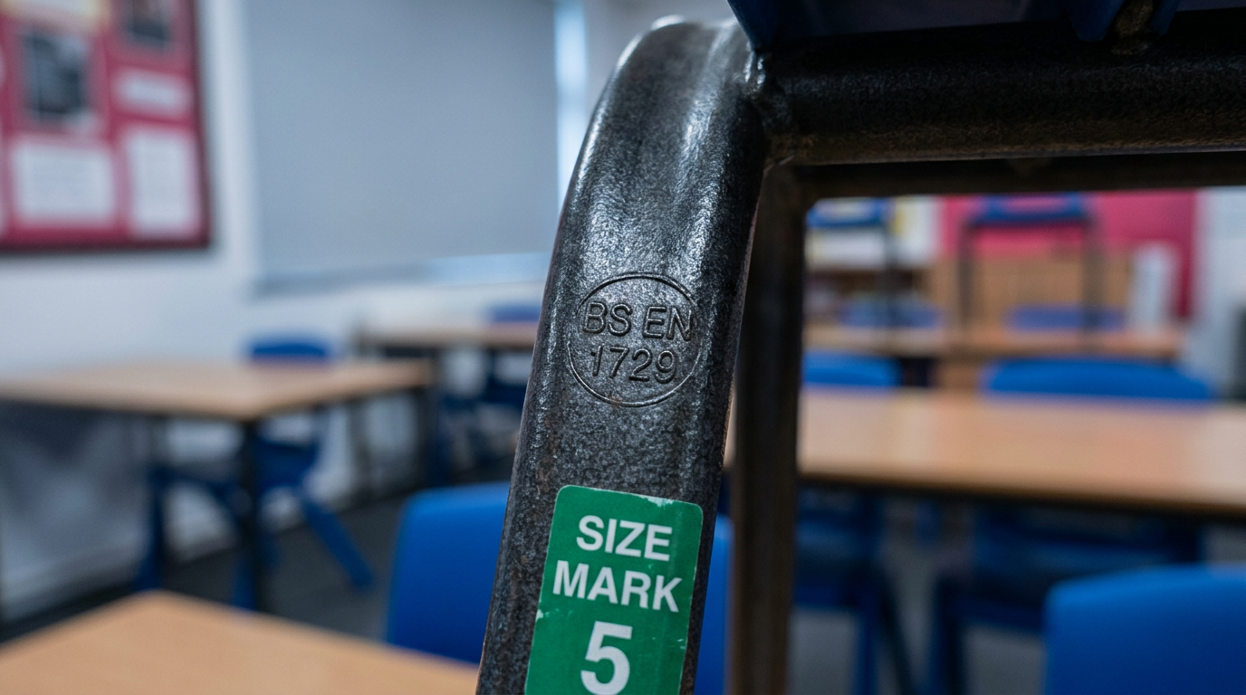 BS EN 1729 standard mark on a school chair leg