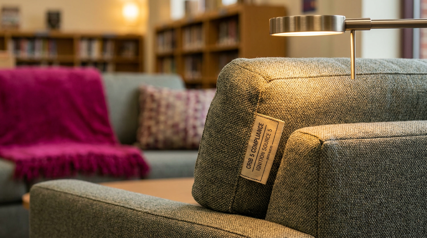 Crib 5 fire safety compliant label on school upholstered furniture