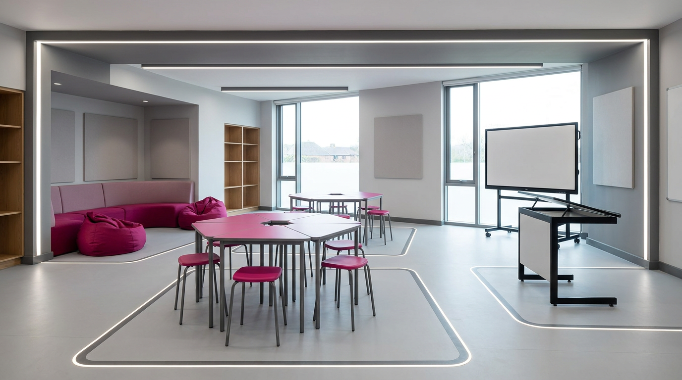 Flexible learning spaces - zoned classroom layout with modular furniture