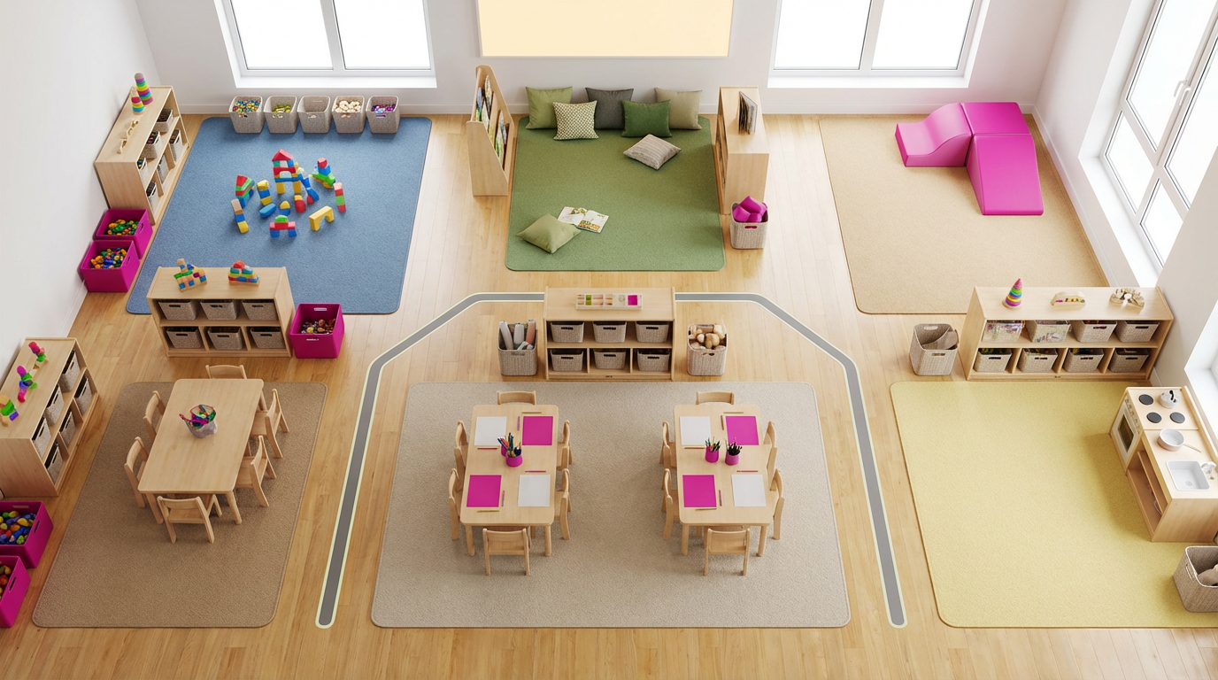 Continuous provision areas - overhead view of organised learning zones