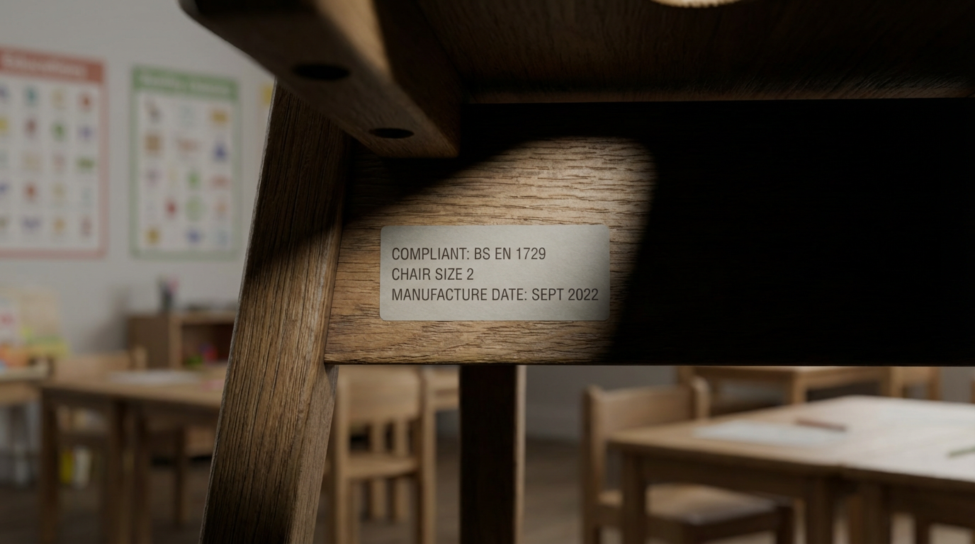 BS EN 1729 compliance - safety standard sticker on school furniture
