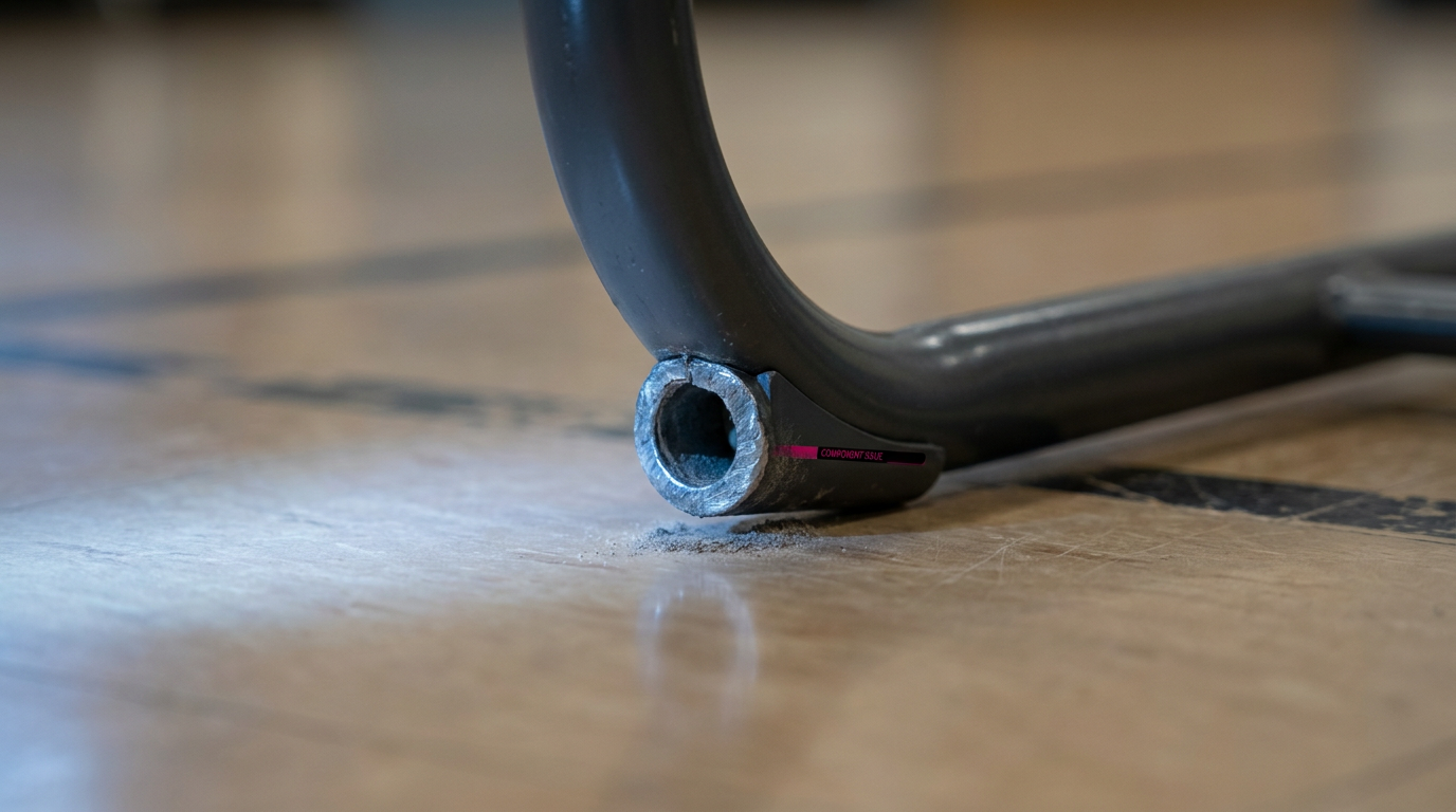School furniture issues - close-up of a damaged chair leg needing repair
