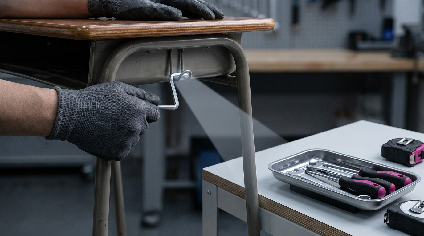 School chair repair - tightening fixings on a school desk with tools