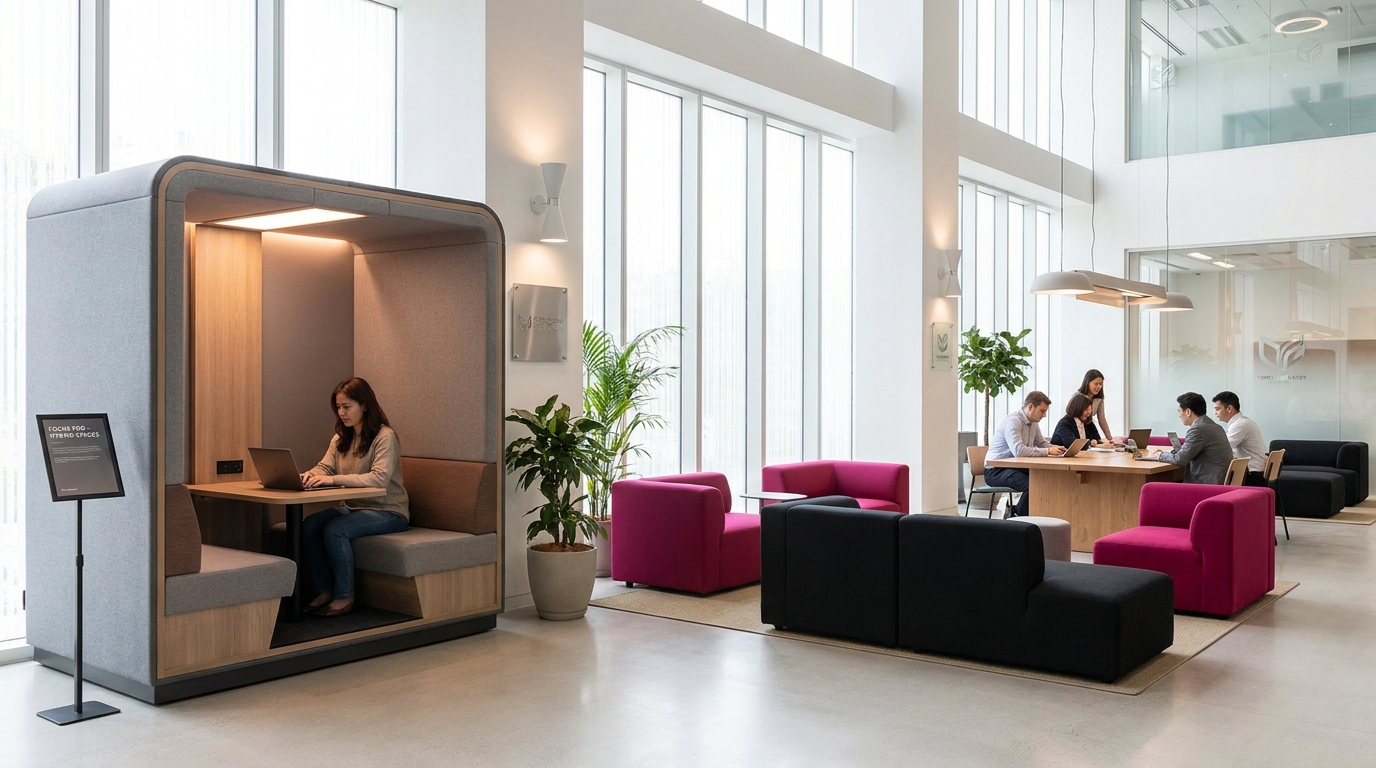 Hybrid office model - flexible workspace with office pod and breakout area