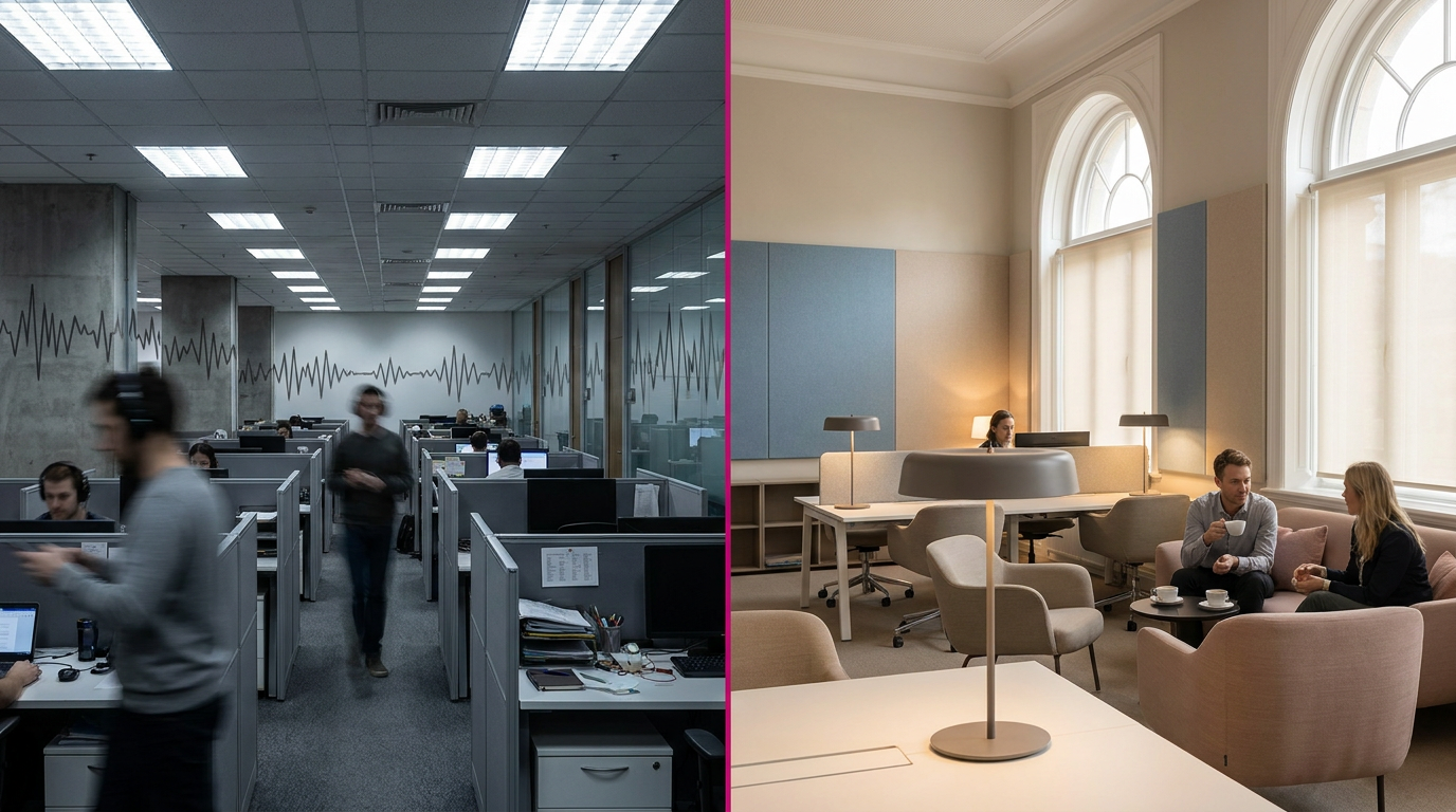 Bad office design examples UK - acoustics and lighting contrast