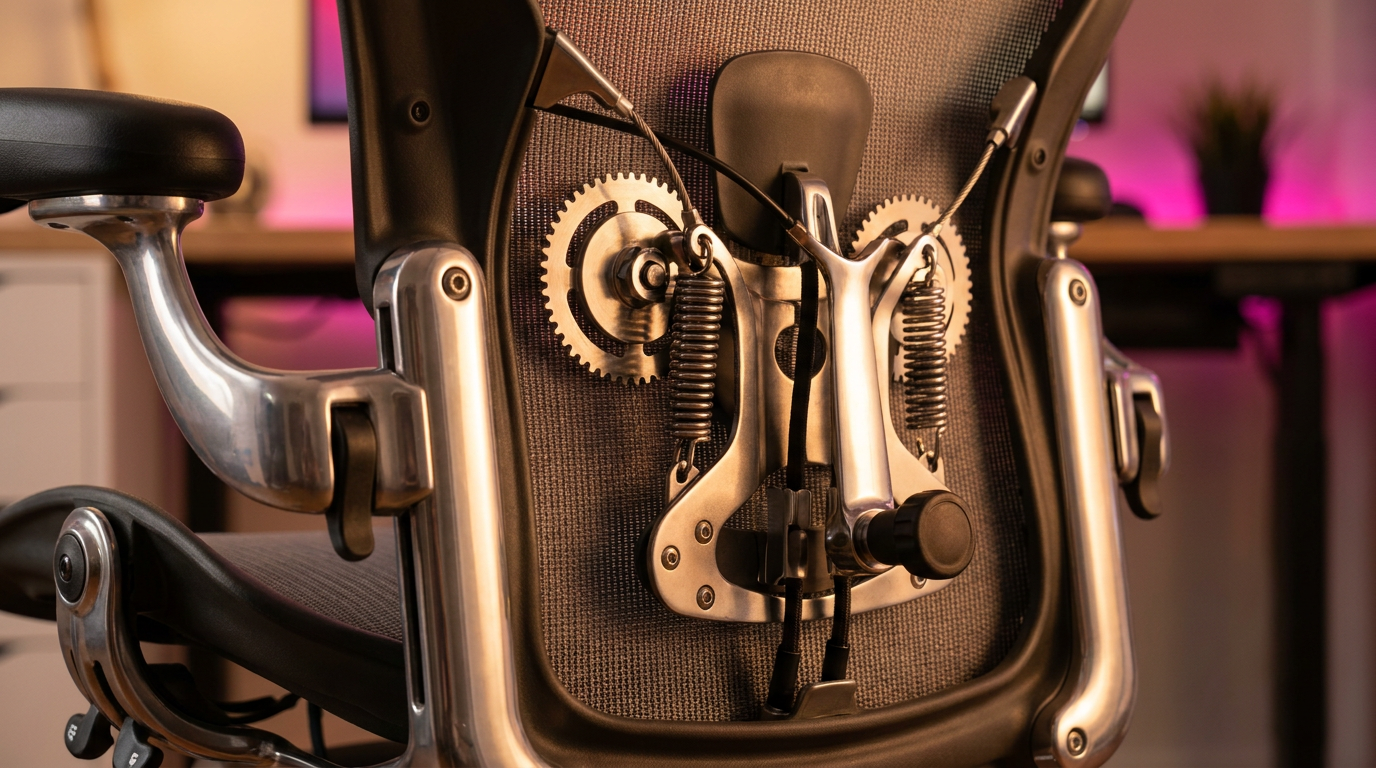 Ergonomic chair adjustments - close-up of dynamic lumbar support