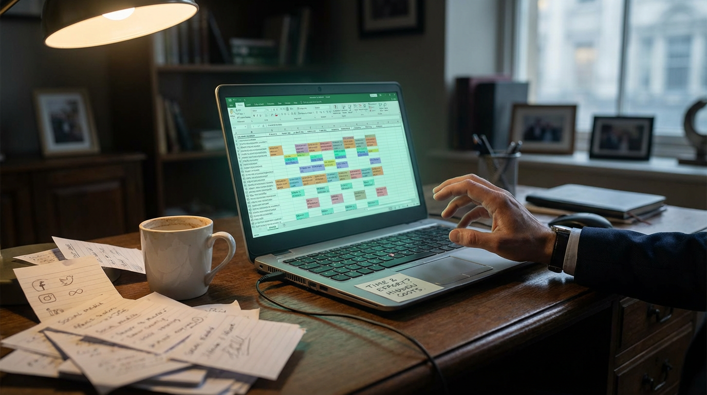 Manual social media management - cluttered desk with content calendar