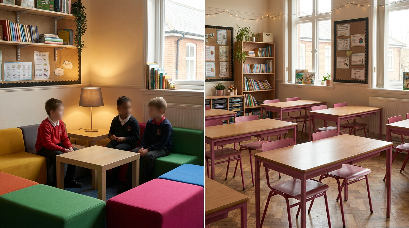UK school classroom with hybrid new and refurbished furniture