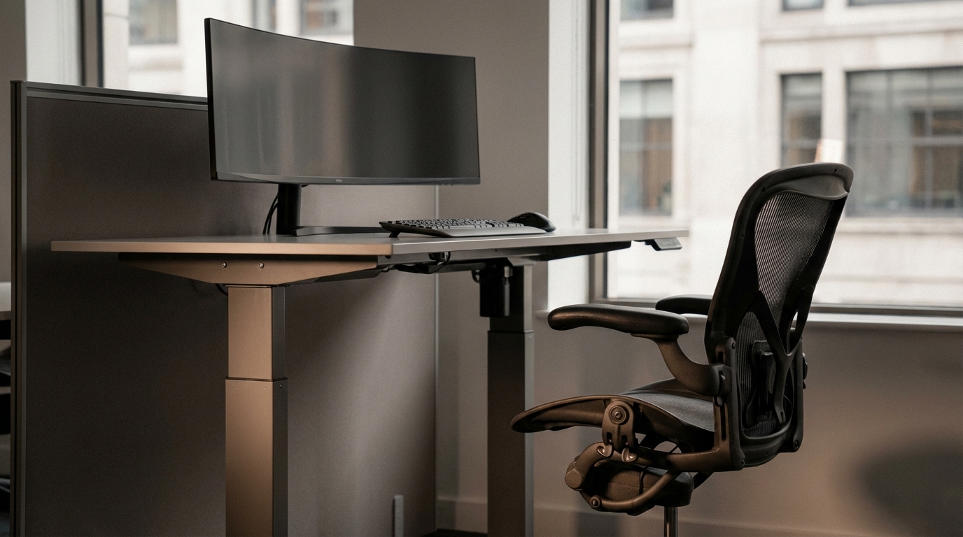 Ergonomic office furniture - height-adjustable desk and task chair