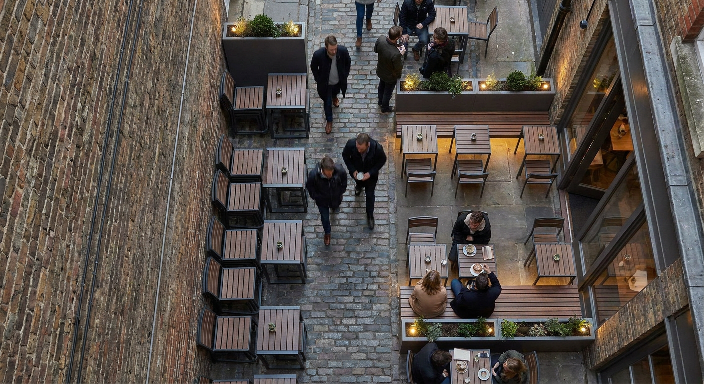 Outdoor seating space and security challenges - compact cafe layout