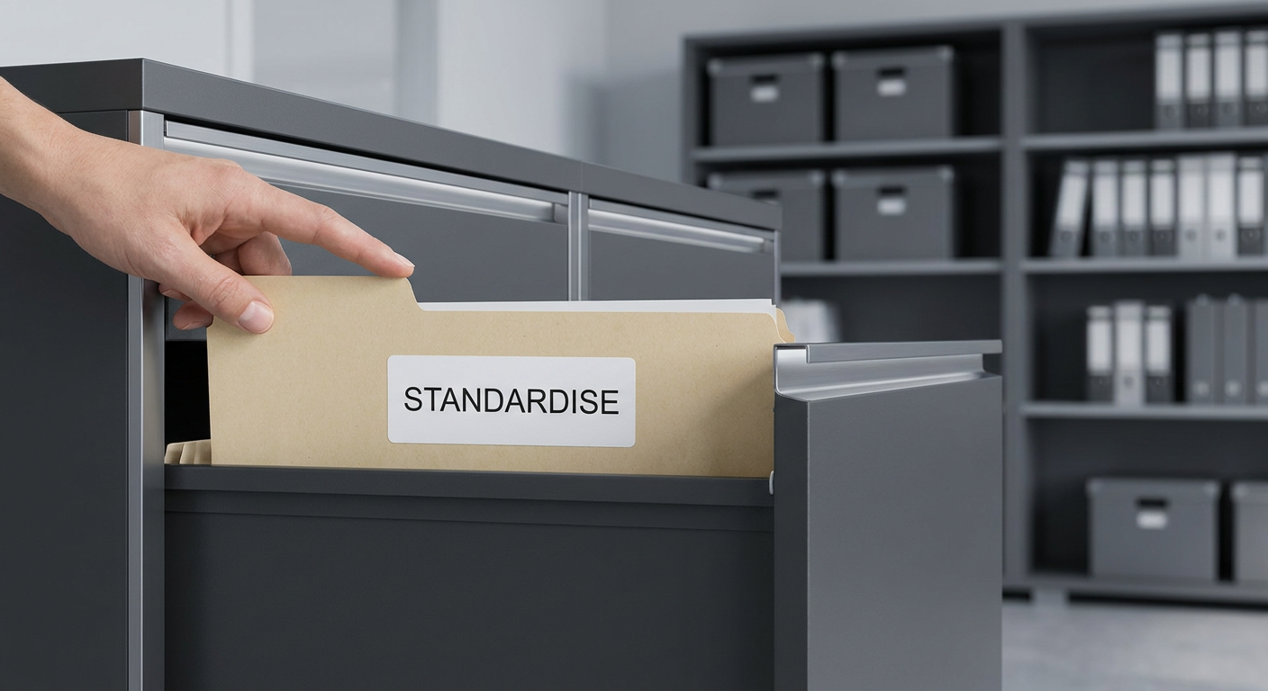5S framework - hand organising files in a modern office cabinet
