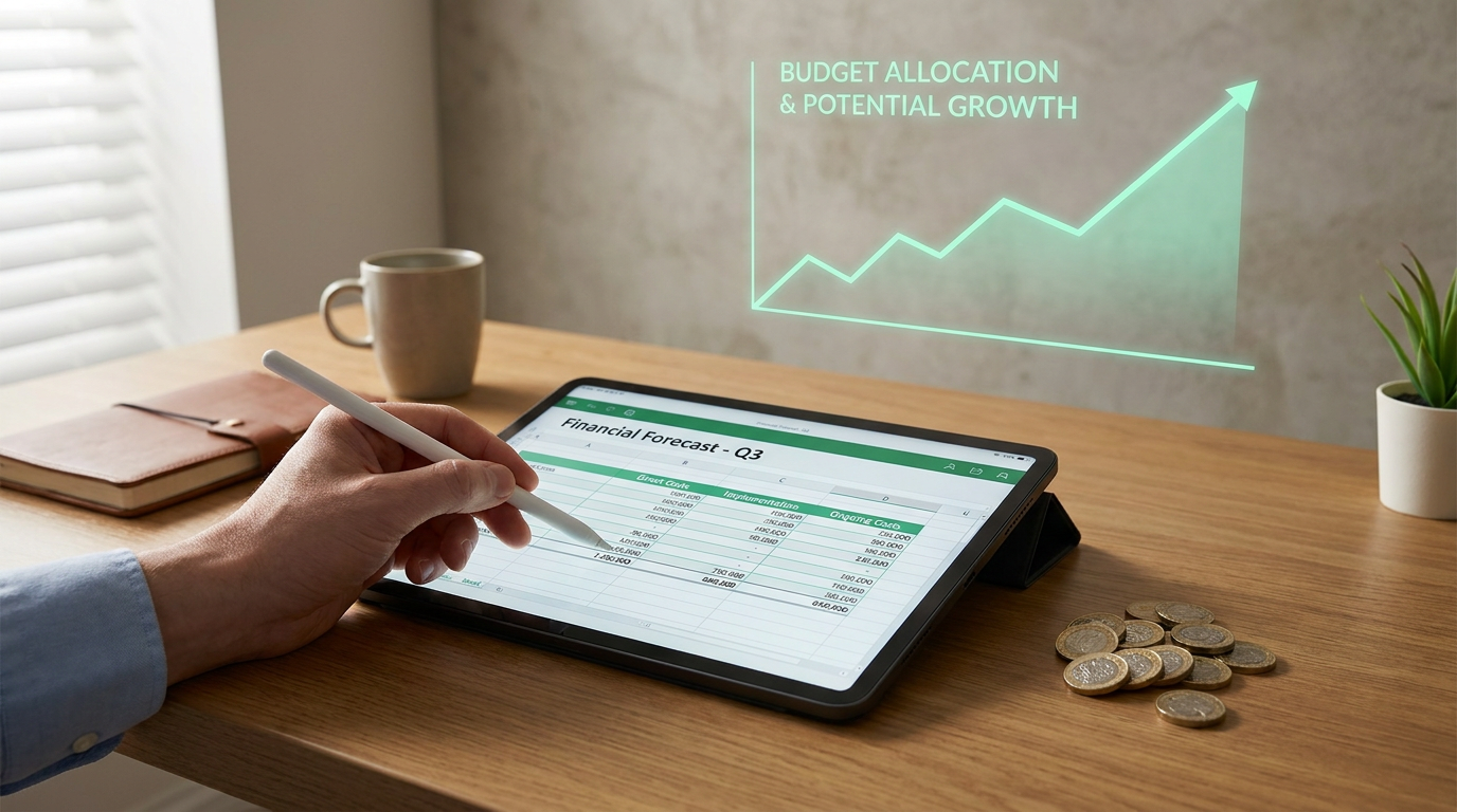 AI costs for small business - detailed budget spreadsheet on tablet