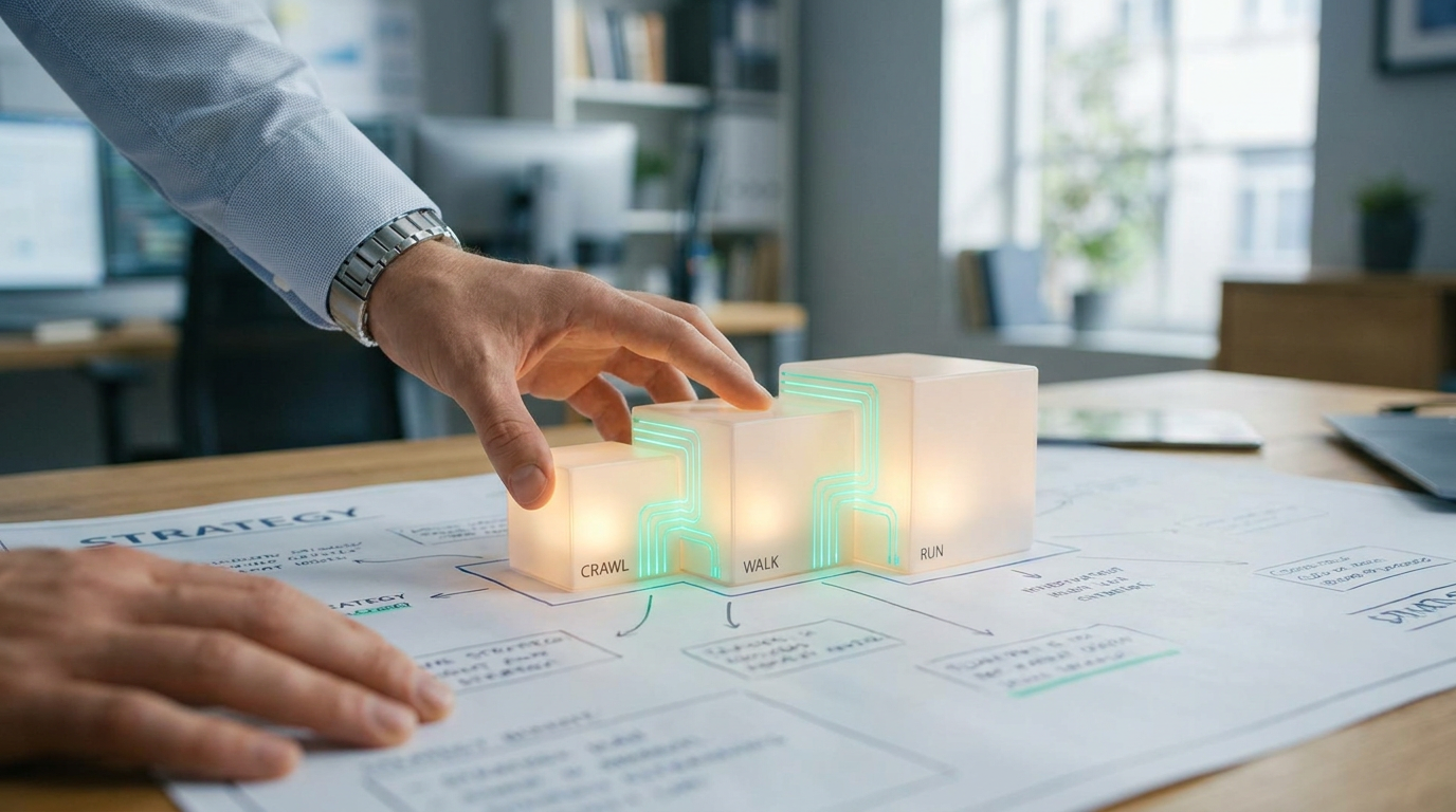 AI business case UK - strategic framework with glowing blocks