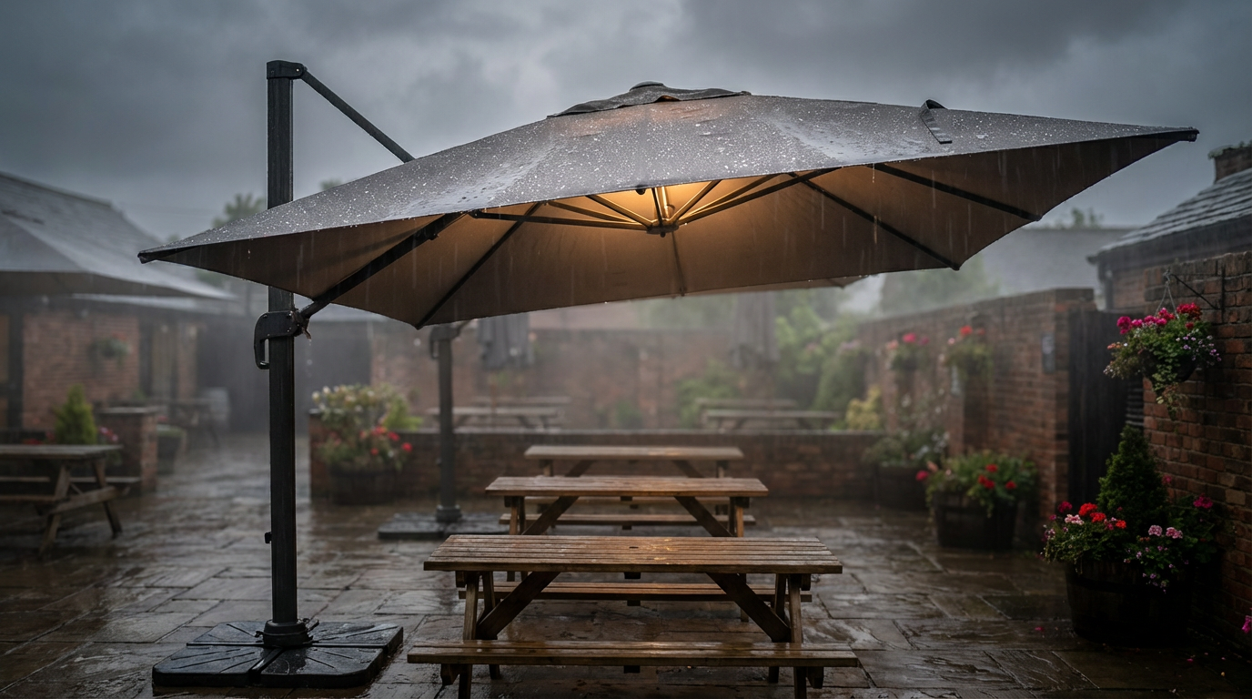 Waterproof commercial parasols protecting pub garden seating