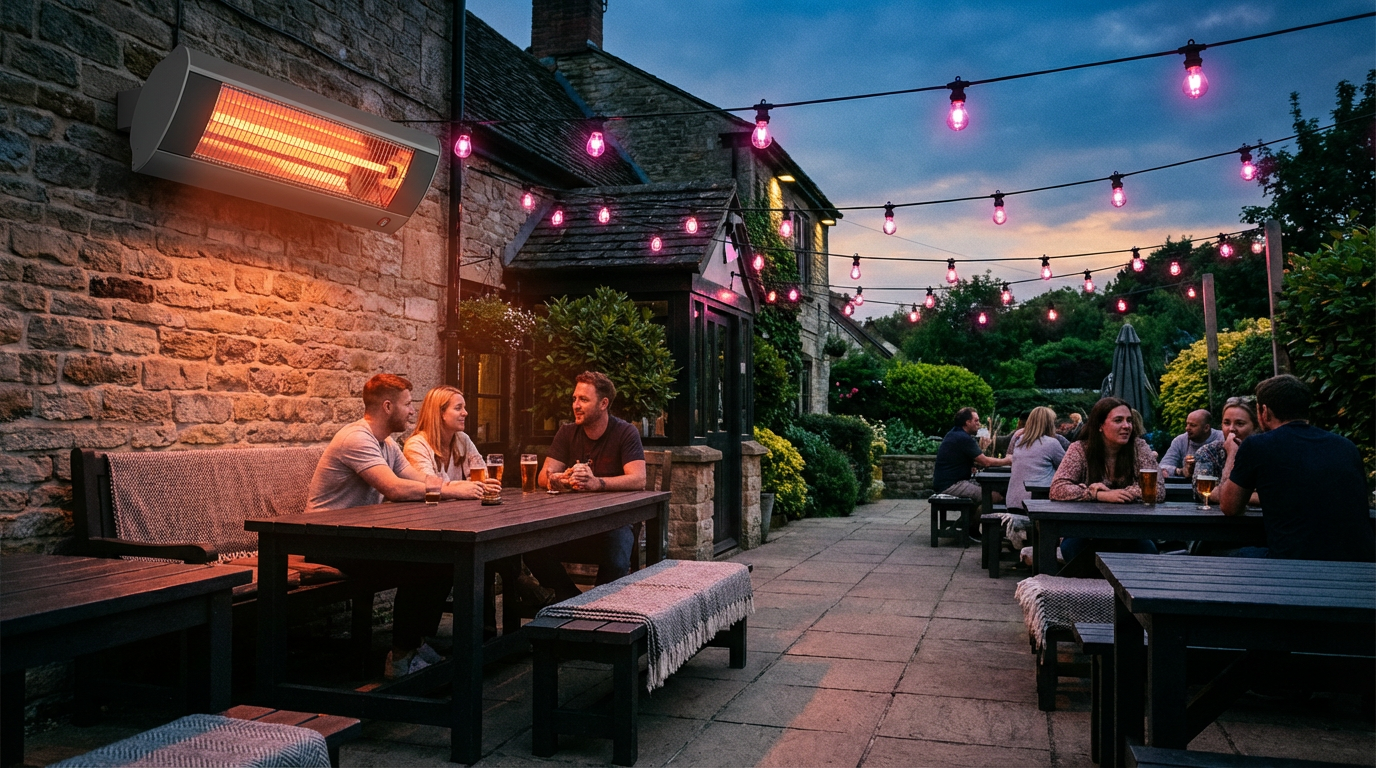 Commercial outdoor heating UK - infrared heater and festoon lighting