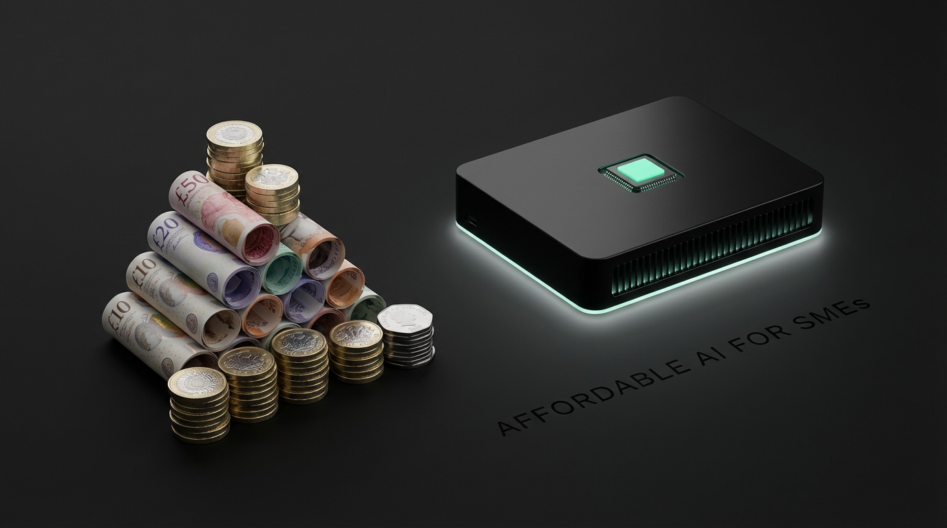 AI for small business marketing - affordable AI device next to UK currency