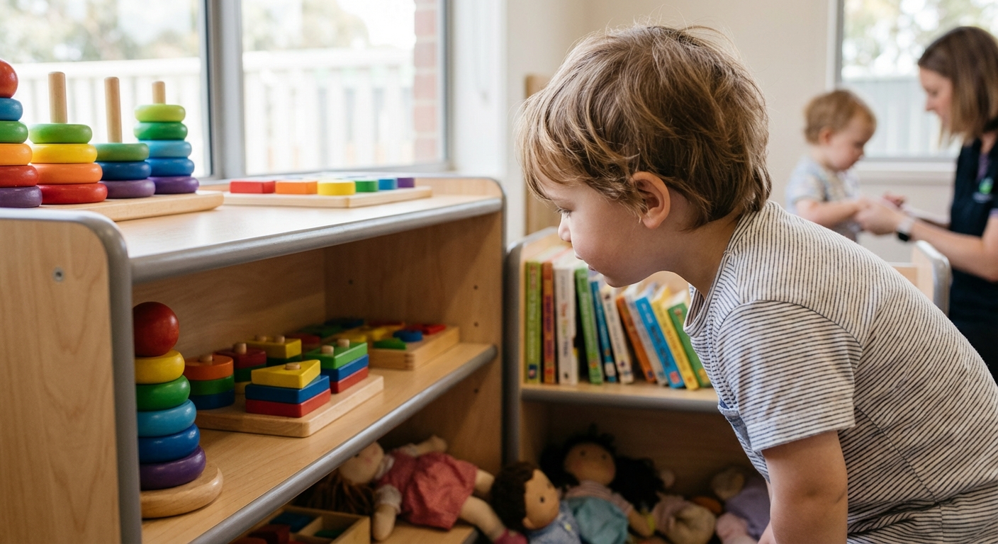 Nursery layout principles - child-accessible shelving with educational toys