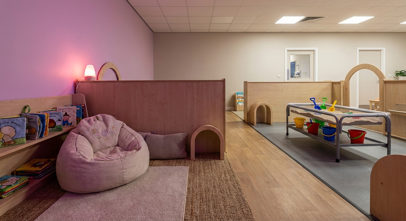 EYFS classroom zones - integrated reading and messy play areas