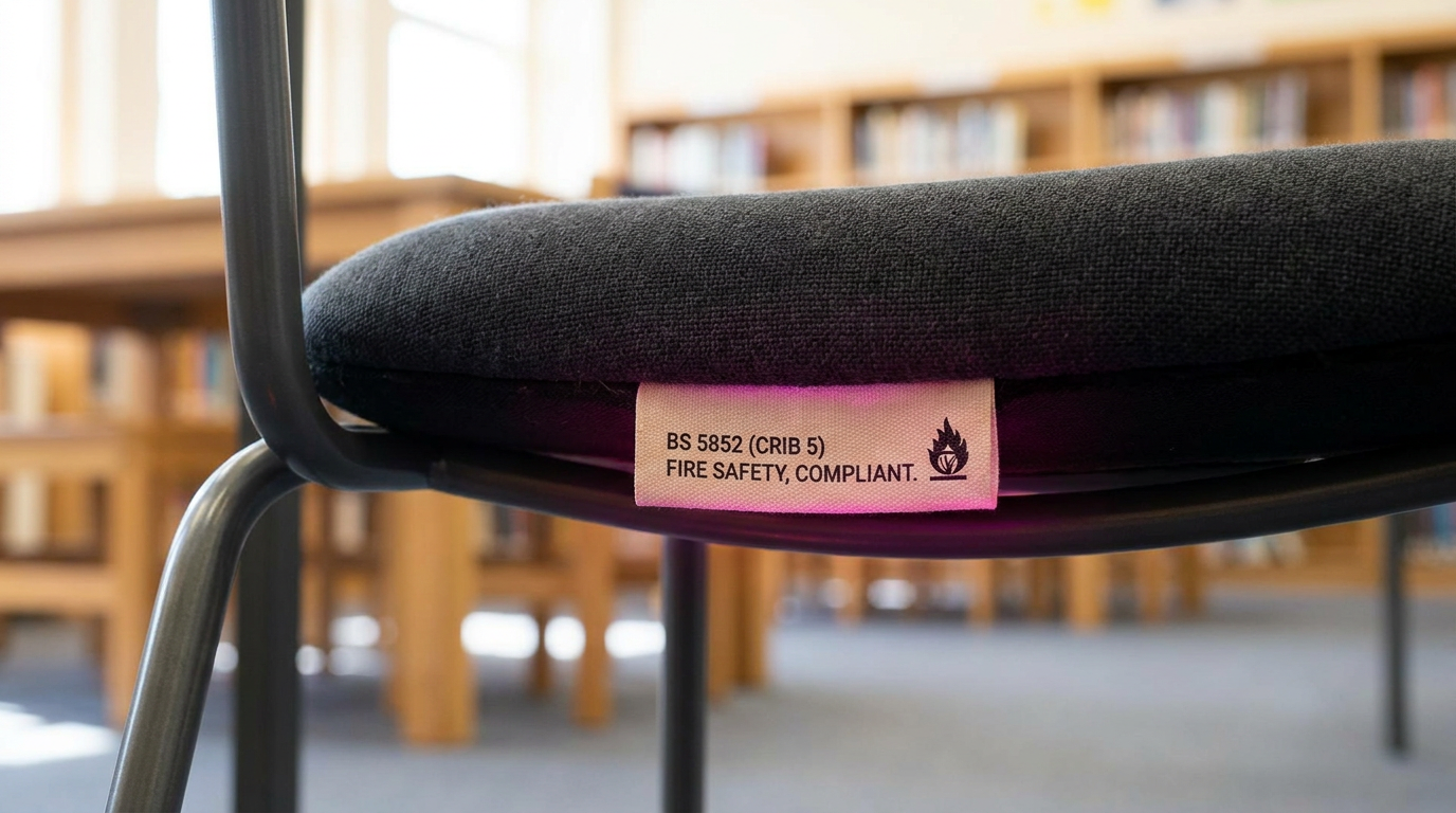 Crib 5 fire safety label on school furniture, indicating BS 5852 compliance