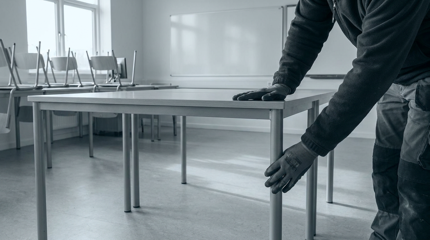 Hands performing a stability check on a classroom table for safety