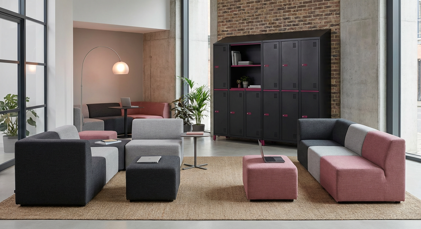 Productive office breakout area with flexible seating and secure lockers