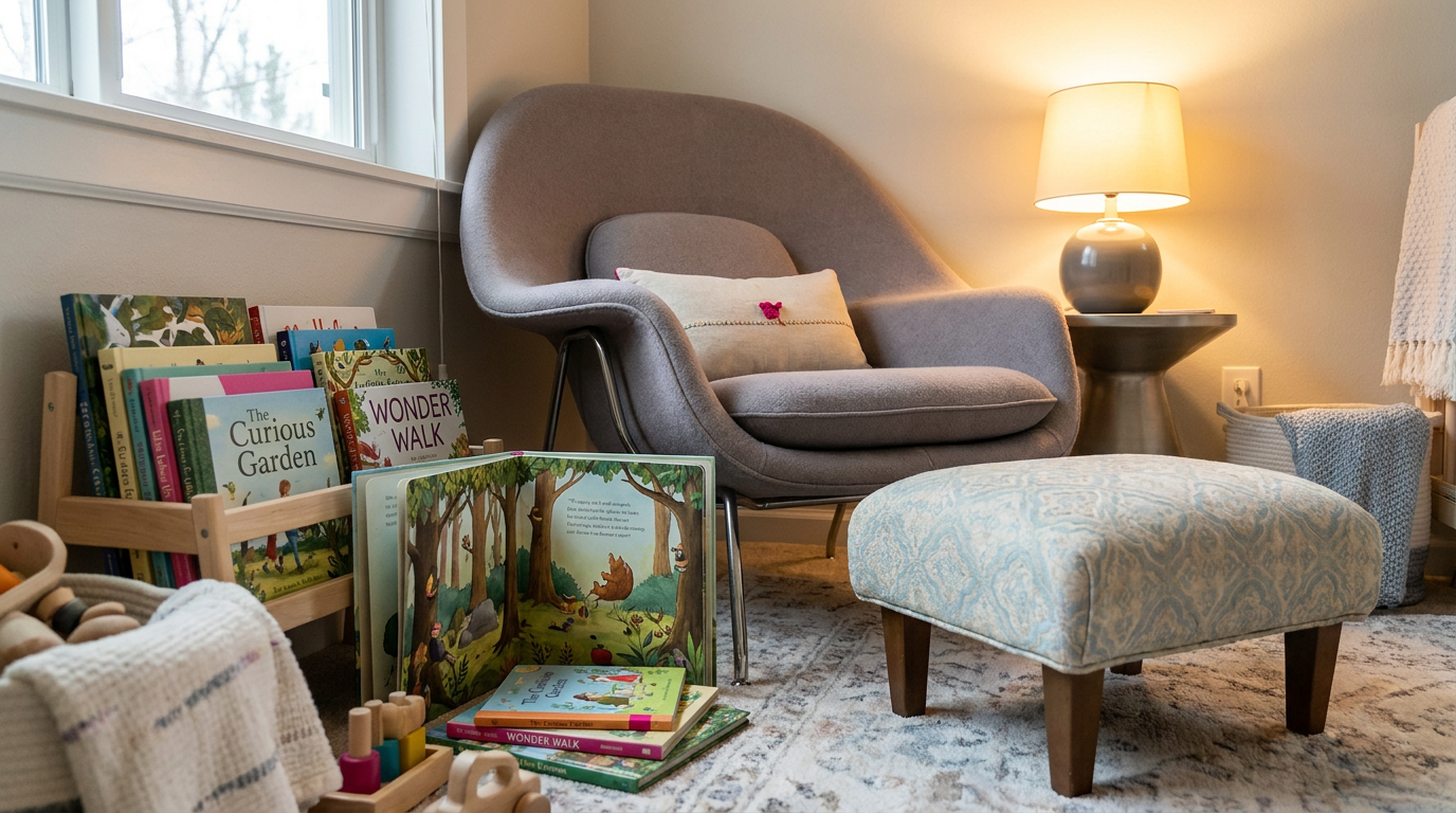 EYFS learning environment - child-sized reading nook with books and soft seating