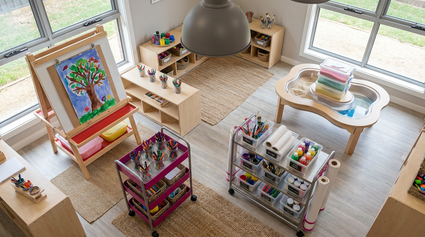 Nursery zone checklist - organised creative area with easel and art trolley