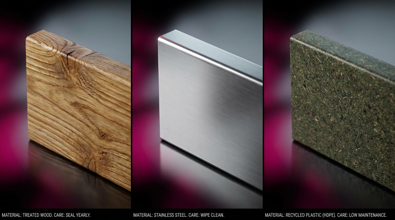 Outdoor furniture materials - wood, metal, recycled plastic close-up