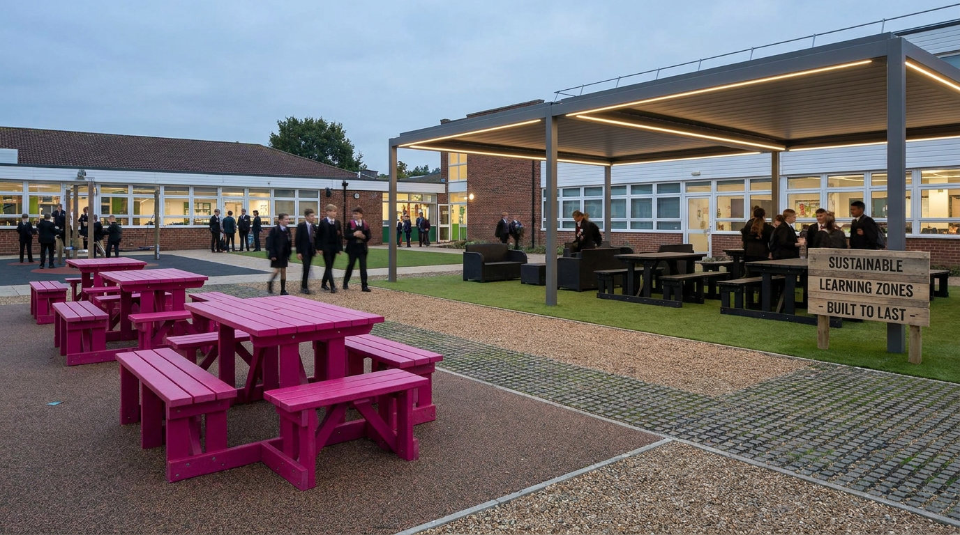 School courtyard design ideas - colourful, zoned furniture in UK school