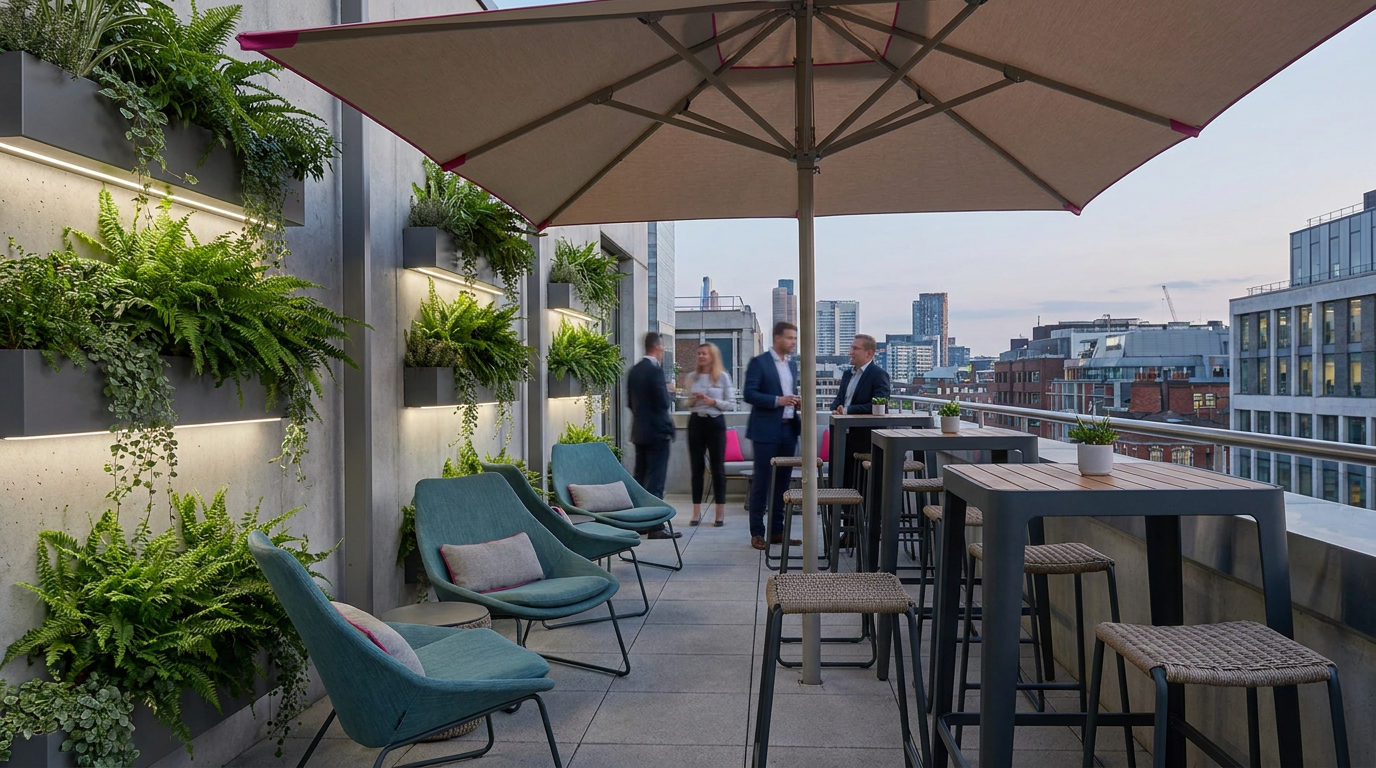 Outdoor breakout area ideas - modern office balcony with vertical plants